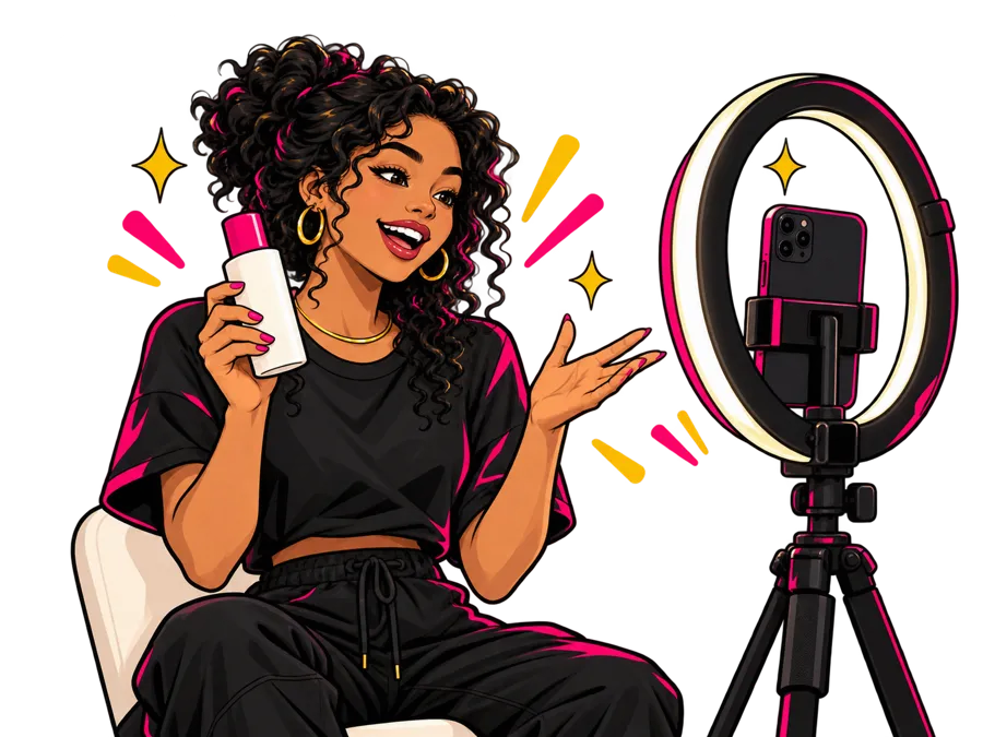 Une créatrice se filme au smartphone avec un produit, devant un anneau lumineux