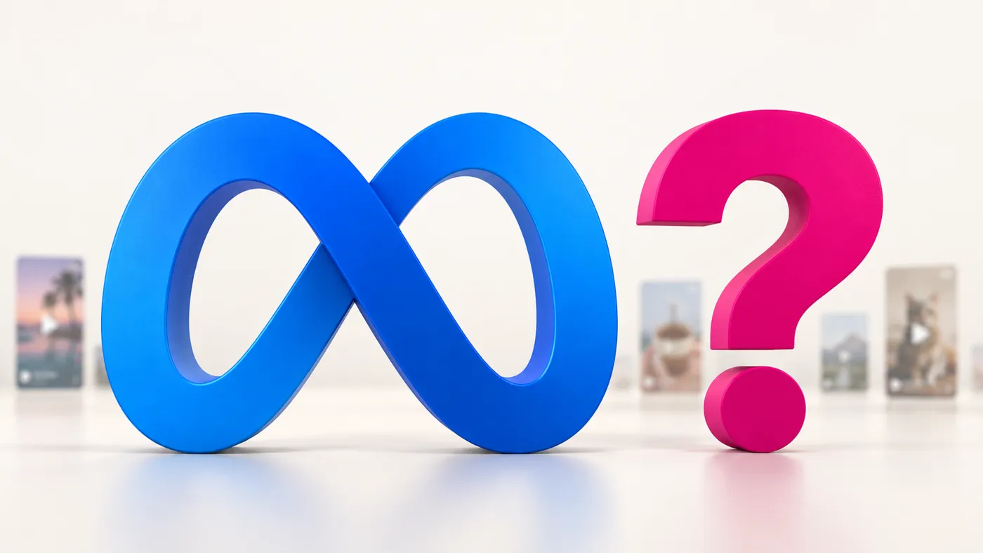 Un symbole infini bleu et un point d'interrogation magenta devant des vidéos verticales