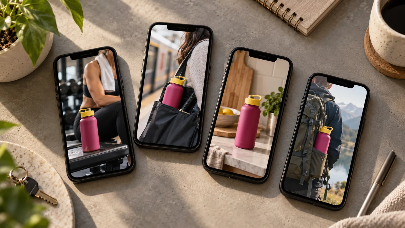 Une même gourde vue dans quatre vidéos différentes sur quatre smartphones