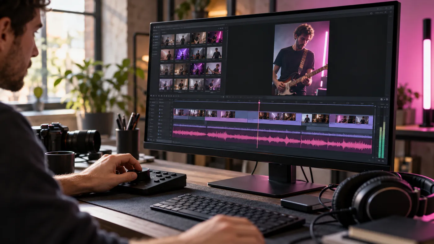 Un monteur découpe la vidéo d'un guitariste en extraits verticaux