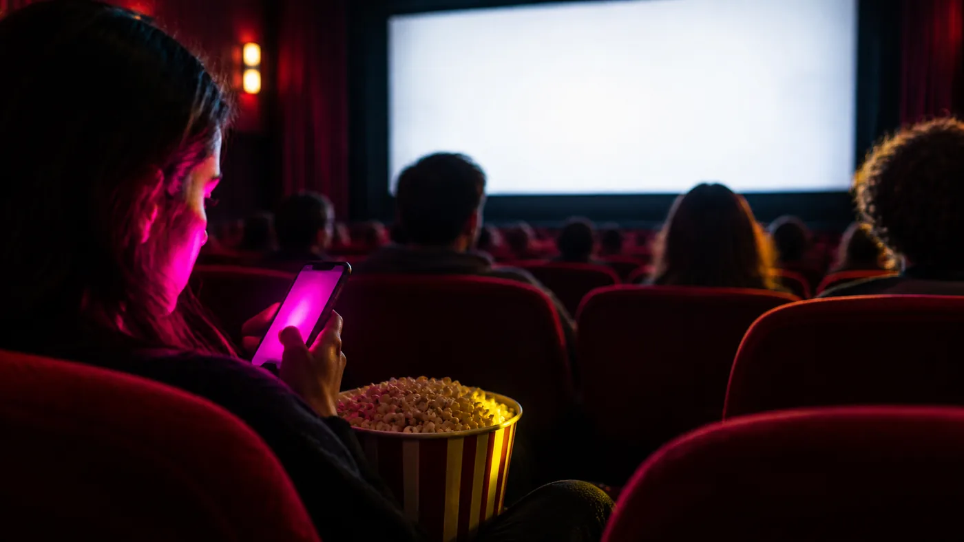 Une salle de cinéma sombre éclairée par l'écran, des spectateurs de dos, dont l'un tient un smartphone à la lueur magenta