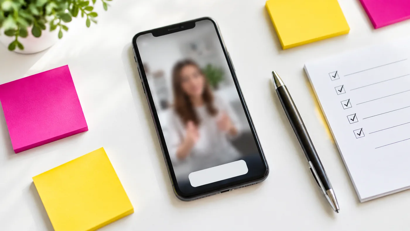 Un smartphone posé sur un bureau clair affiche une vidéo marquée d'une petite étiquette, entouré de notes adhésives magenta et jaunes