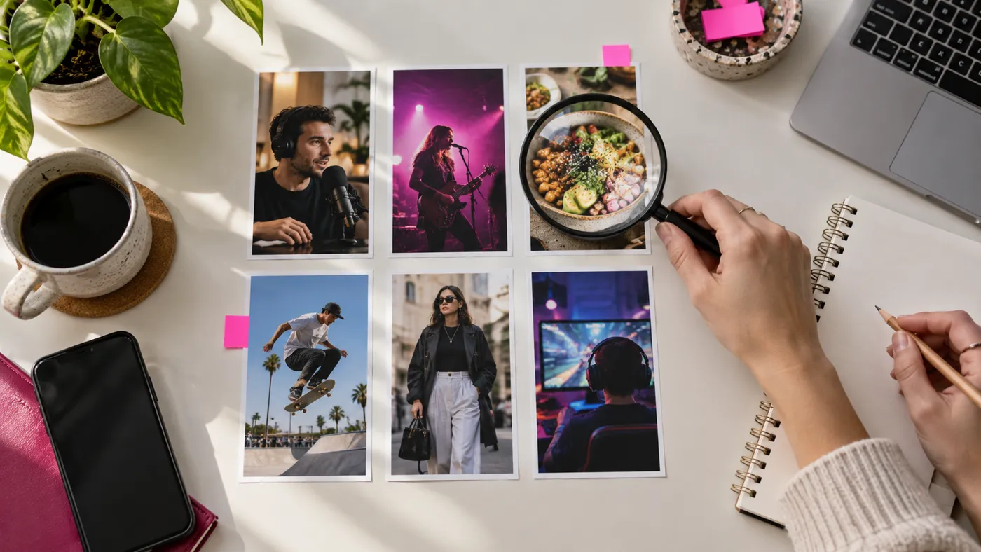 Une loupe examine des vidéos imprimées : podcast, concert, cuisine, skate, mode, gaming