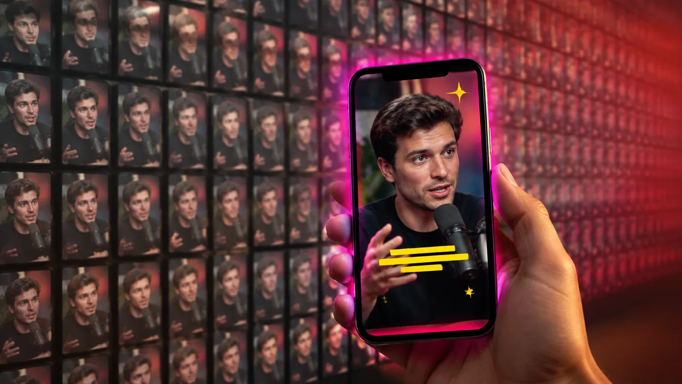 Un mur d'écrans répète la même vidéo de podcast, face à un smartphone qui affiche un clip retravaillé et sous-titré