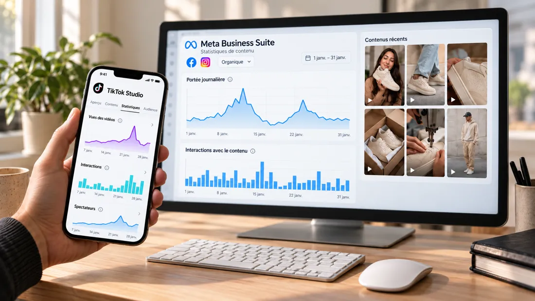 Statistiques TikTok Studio et Meta Business Suite d'une campagne de clipping